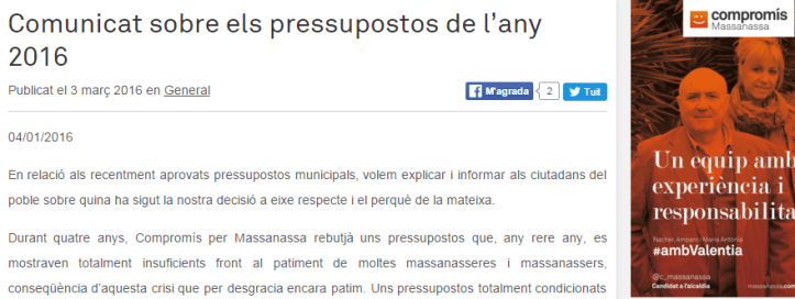 Comunitat de Compromís sobre els pressupostos de 2016